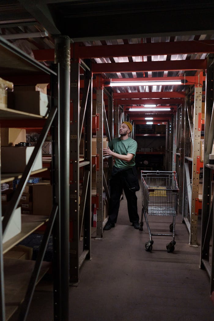 A man with a beanie and beard arranging items on a warehouse shelf with a cart nearby.